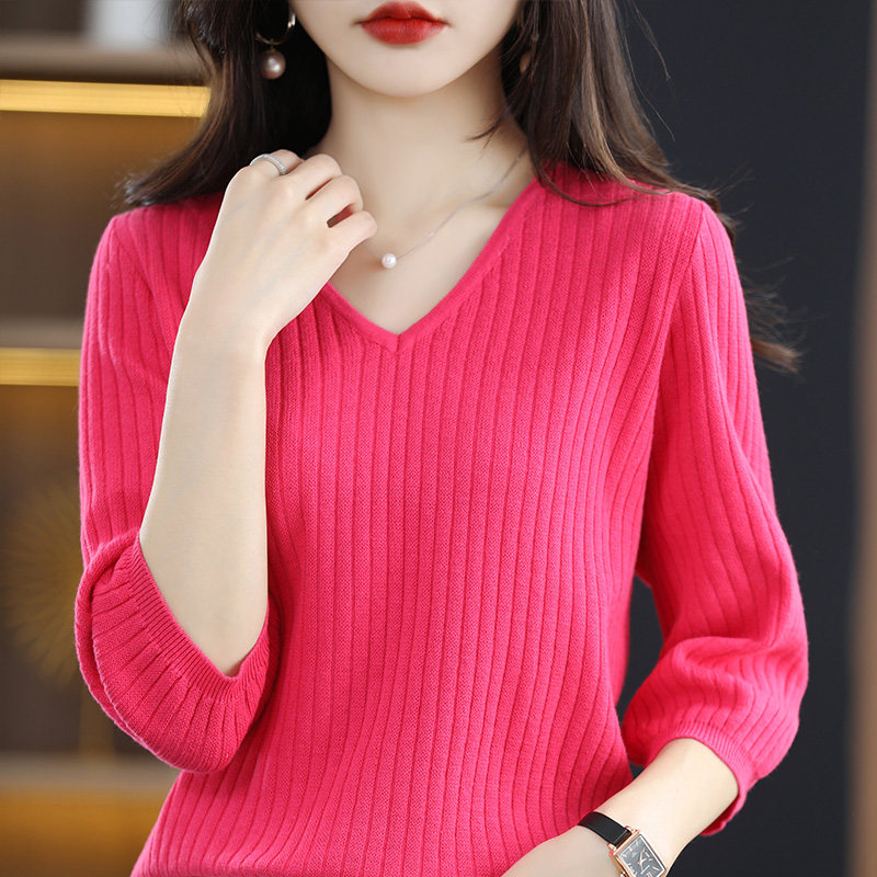 100%纯棉新款打底针织衫套头五分袖洋气毛衣中袖百搭宽松上衣女
