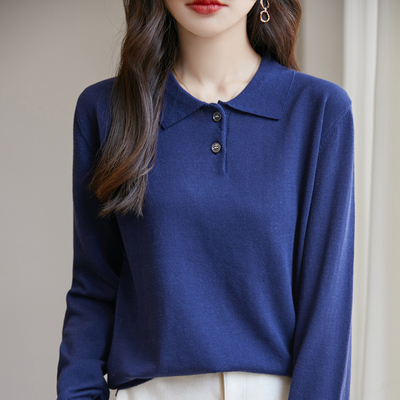 春夏新款纯棉针织衫POLO领气质韩版系扣打底纯色套头女毛衣批发