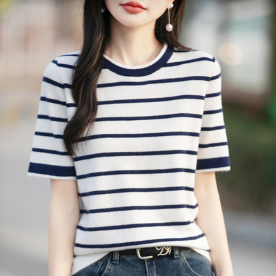 春夏新款安迪绒韩版简约拼色条纹打底短袖T恤外穿洋气上衣女