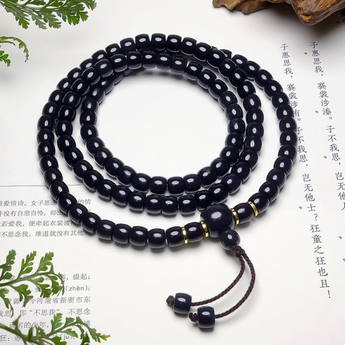 精品新疆和田玉墨玉直切老型108颗项链佛珠手串 卡7mm 重65.97克