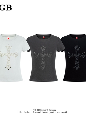 VIGB 原创国潮美式复古豹纹十字架印花圆领短袖T恤女修身半袖上衣