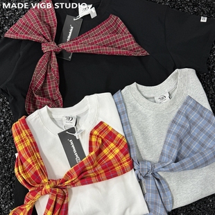 复古格子男女纯棉重磅短袖 VIGB 原创国潮学院风假两件设计感美式
