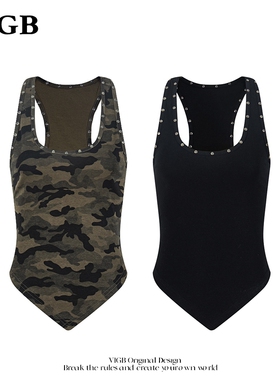 VIGB 原创国潮美式复古迷彩吊带背心女夏季新款修身辣妹短款上衣