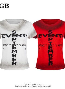 VIGB 原创国潮美式复古辣妹水洗做旧涂鸦字母印花短袖T恤修身上衣