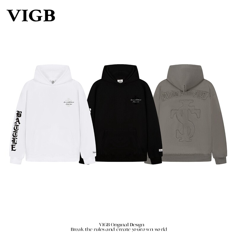 VIGB 原创国潮美式复古街头潮牌字母休闲宽松连帽衫卫衣男女情侣