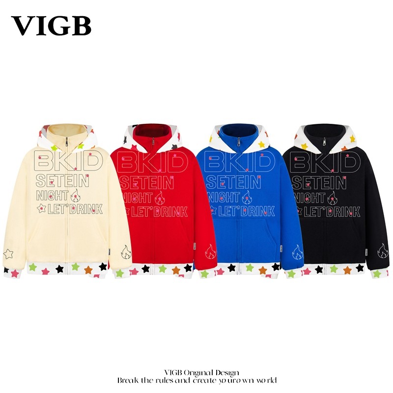 VIGB 原创国潮美式街头撞色星星刺绣连帽卫衣宽松情侣开衫外套