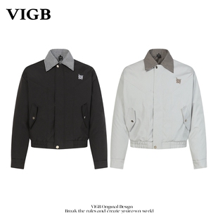 VIGB 原创国潮美式翻领巴恩风解构棉衣外套千鸟格撞色痞帅棉服潮