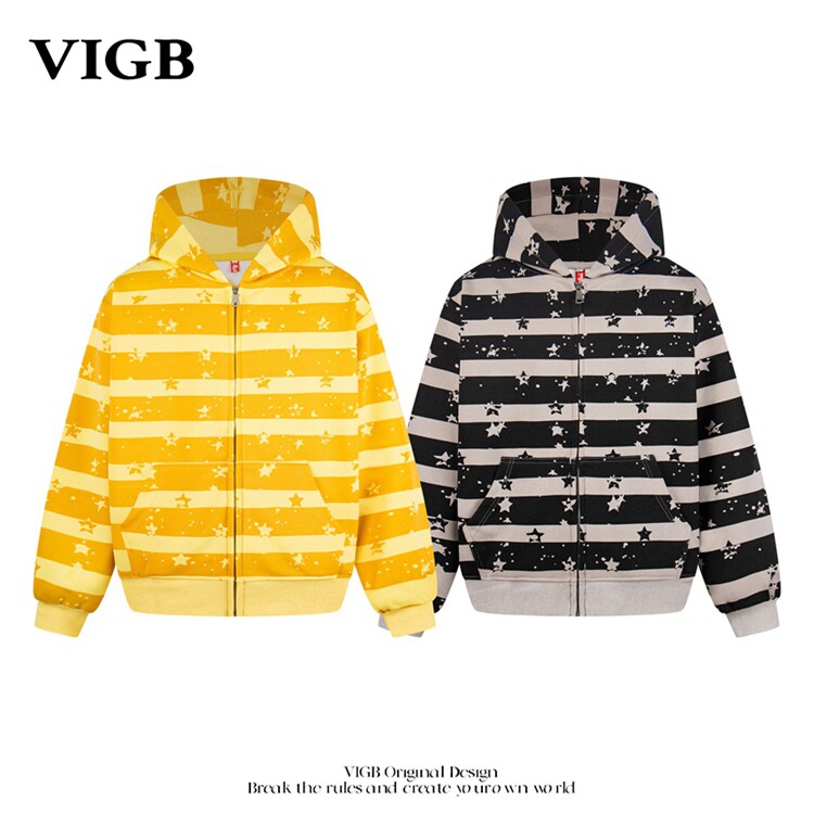 VIGB 原创国潮美式条纹星星连帽卫衣男女男女设计感外套开衫情侣