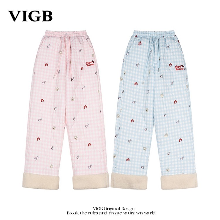 VIGB 原创国潮美式格子满印KT拼接男女冬季加绒设计加厚棉裤情侣