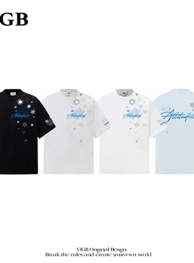 VIGB 原创国潮美式复古高街刺绣雪花短袖T恤男女夏季情侣宽松上衣