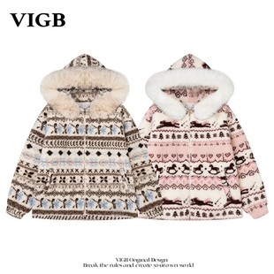 VIGB 费尔岛毛领连帽棉服设计感加厚棉衣外套情侣 原创国潮美式