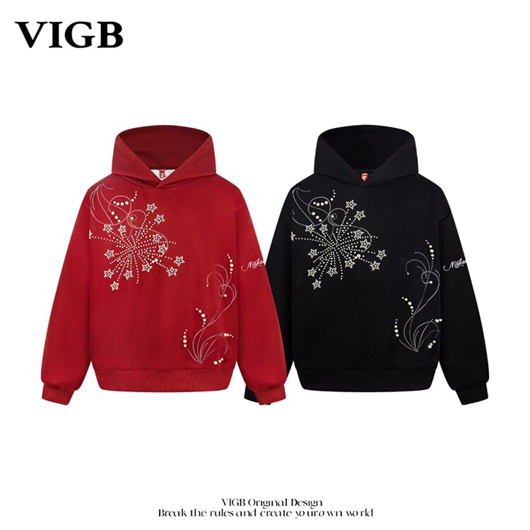 VIGB 原创国潮美式街头钉珠连帽卫衣潮牌情侣宽松休闲帽衫外套