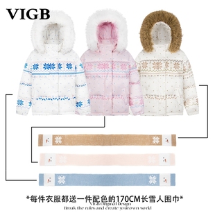 VIGB 慵懒风甜美雪花印花棉服加厚设计感连帽棉衣潮 原创国潮美式
