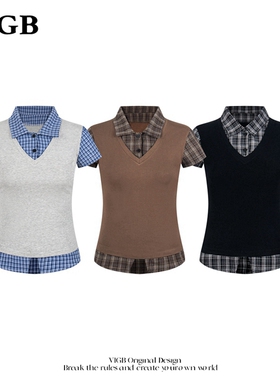 VIGB 原创国潮美式复古设计感衬衫POLO领短袖学院风辣妹短款T恤潮