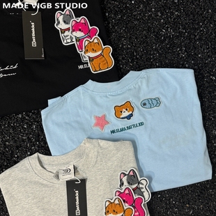 VIGB 原创国潮魔术贴猫咪可爱趣味多巴胺重磅T恤男女情侣纯棉短袖