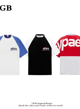 VIGB 原创国潮美式复古街头拼色字母刺绣短袖T恤男女小众休闲上衣