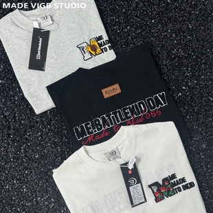 VIGB 原创国潮小众魔术贴字母刺绣情侣T恤设计感复古重磅纯棉短袖
