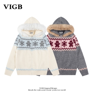 VIGB 原创国潮美式费尔岛毛领连帽毛衣慵懒宽松百搭针织衫外套潮
