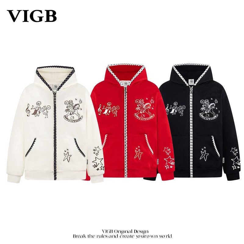 VIGB 原创国潮美式宅萌刺绣开衫卫衣男女宽松慵懒风加厚帽衫外套