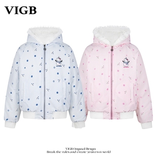 棉服可爱雪人毛绒棉袄条纹连帽外套潮 加厚冬季 VIGB 原创国潮美式