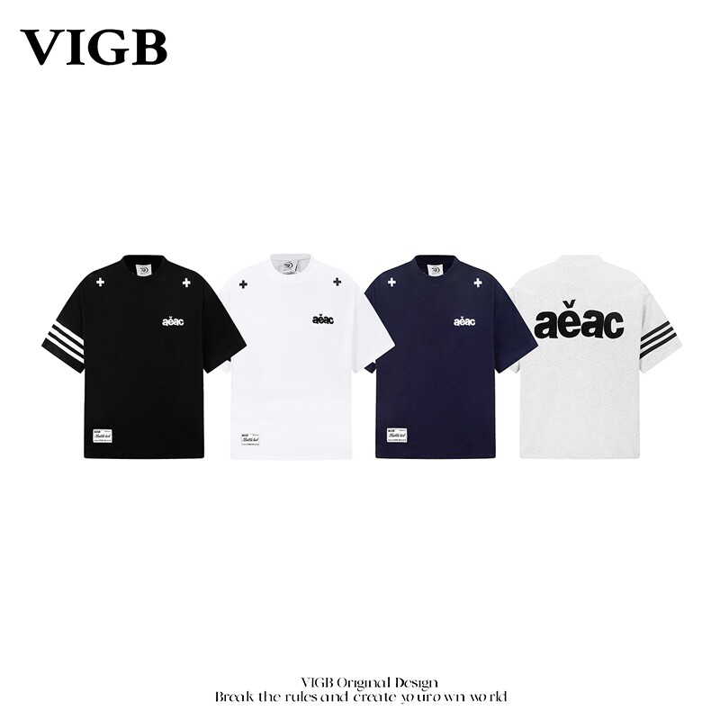 VIGB （原创正品三杠条纹字母刺绣T恤）美式复古学院短袖情侣半袖