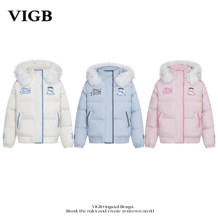 VIGB 原创国潮刺绣棉服男女冬季宽松保暖加厚毛领外套情侣棉衣