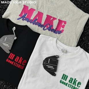 复古情侣短袖 VIGB 原创国潮高级纹路感刺纯棉T恤绣撞色百搭美式