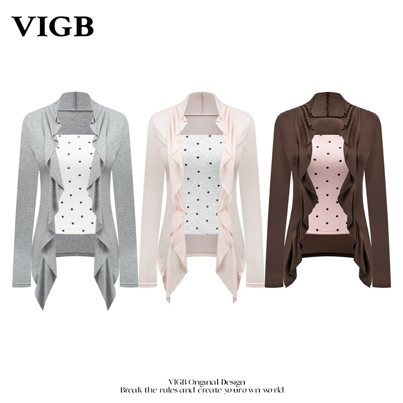 VIGB 原创国潮美式复古荷叶边开衫长袖t恤修身上衣波点抹胸两件套