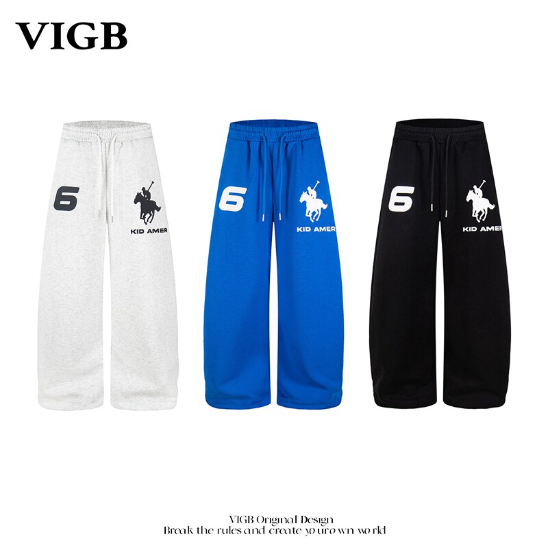 VIGB 原创国潮美式复古刺绣刺绣阔腿裤卫裤男女休闲弯刀运动裤