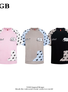VIGB 原创国潮美式复古刺绣小猫短袖t恤轻亚风韩系半袖上衣男女