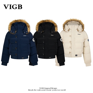 VIGB 原创国潮美式毛领连帽棉服外套冬季加厚保暖派克服短款棉衣