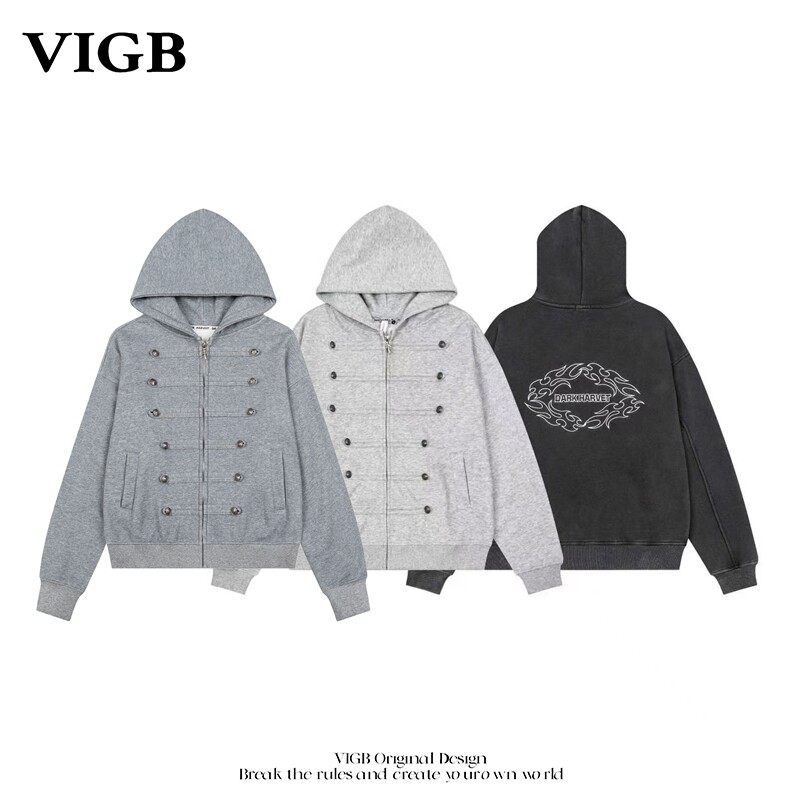 VIGB原创复古高街连帽拉链卫衣