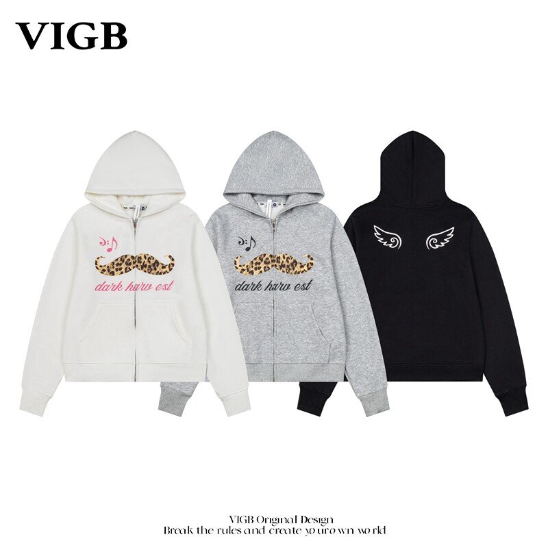 VIGB 原创国潮美式复古设计感豹纹胡子连帽长袖卫衣男女开衫外套