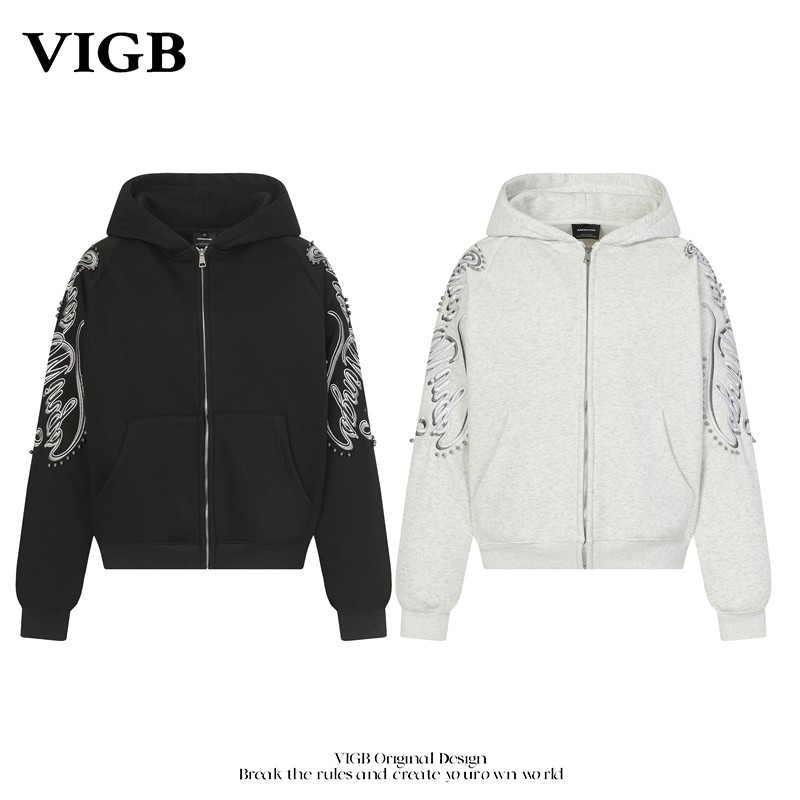 VIGB 原创国潮美式刺绣连帽男设计感小众加绒加厚保暖开衫卫衣潮