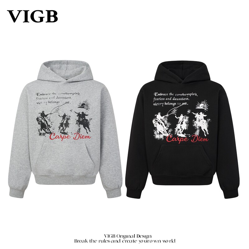 VIGB 原创国潮美式复古街头字母印花套头连帽卫衣男女休闲风帽衫