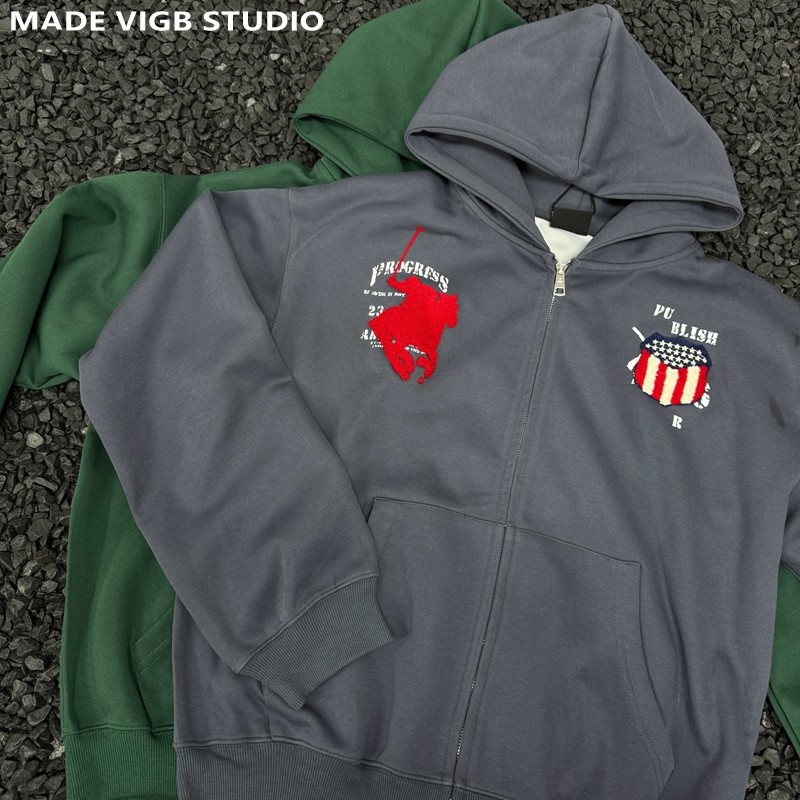 VIGB 原创国潮美式复古字母刺绣连帽卫衣小众设计重磅百搭帽衫