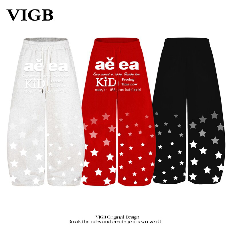 VIGB 原创国潮美式星星设计感字母印花休闲卫裤直筒街头阔腿长裤