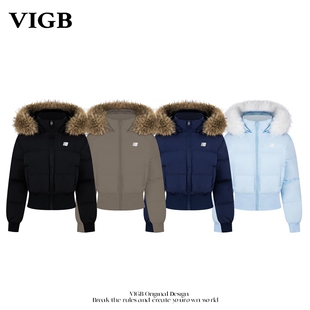 VIGB 原创国潮美式校园收腰毛领慵懒可拆卸连帽棉衣设计感外套