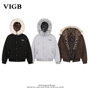 VIGB 原创国潮美式复古毛领连帽棉服男女时尚保暖加厚派克服外套