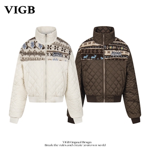 VIGB 原创国潮美式费尔岛带毛领棉服女冬季新款加厚外套短款棉衣