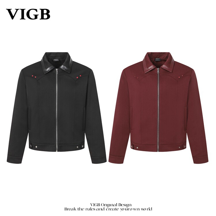 VIGB 原创国潮美式翻领钉珠战马刺绣正肩夹克男女黑色休闲外套潮