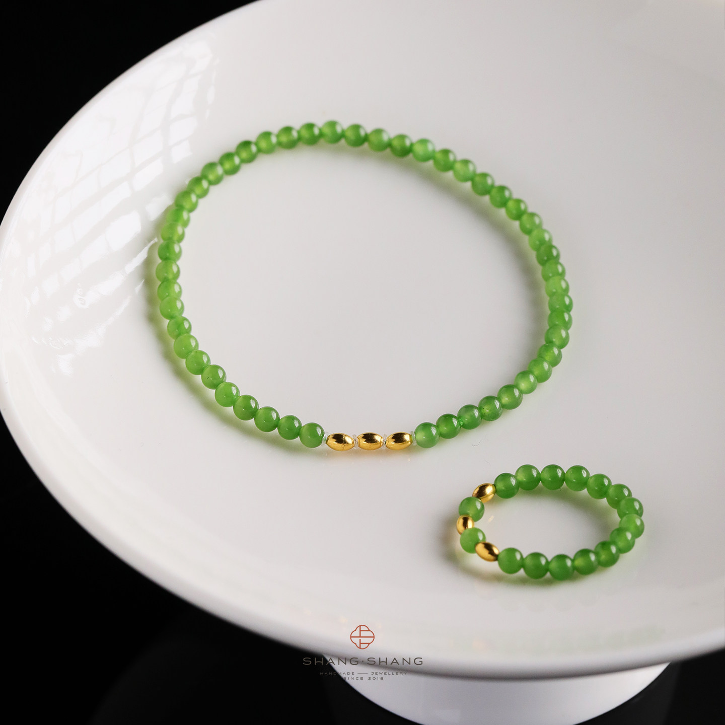 ShangShang&middot;新中式天然和田玉碧玉手串女百搭玉石18k金手链礼物