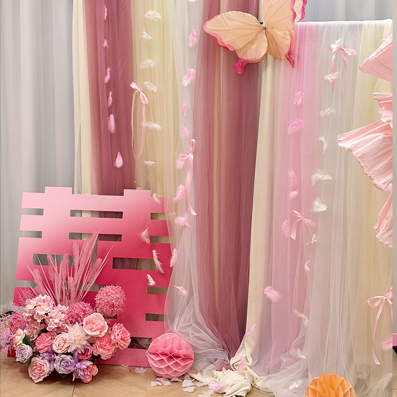 粉色婚房装饰布置褶皱花高级超仙