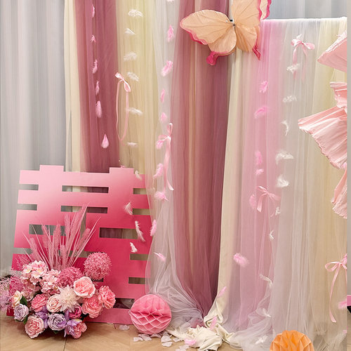 粉色婚房装饰布置褶皱花高级超仙