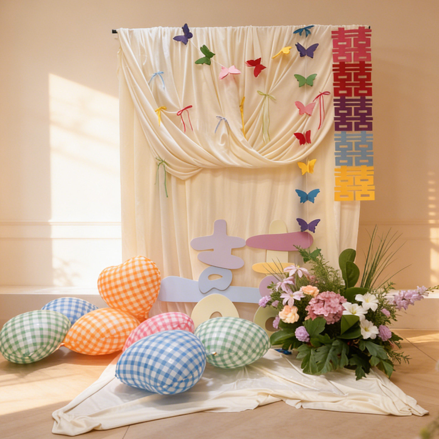 婚房布置娘家酒店简单大方多巴胺纱幔蝴蝶气球装饰晨袍拍照背景墙