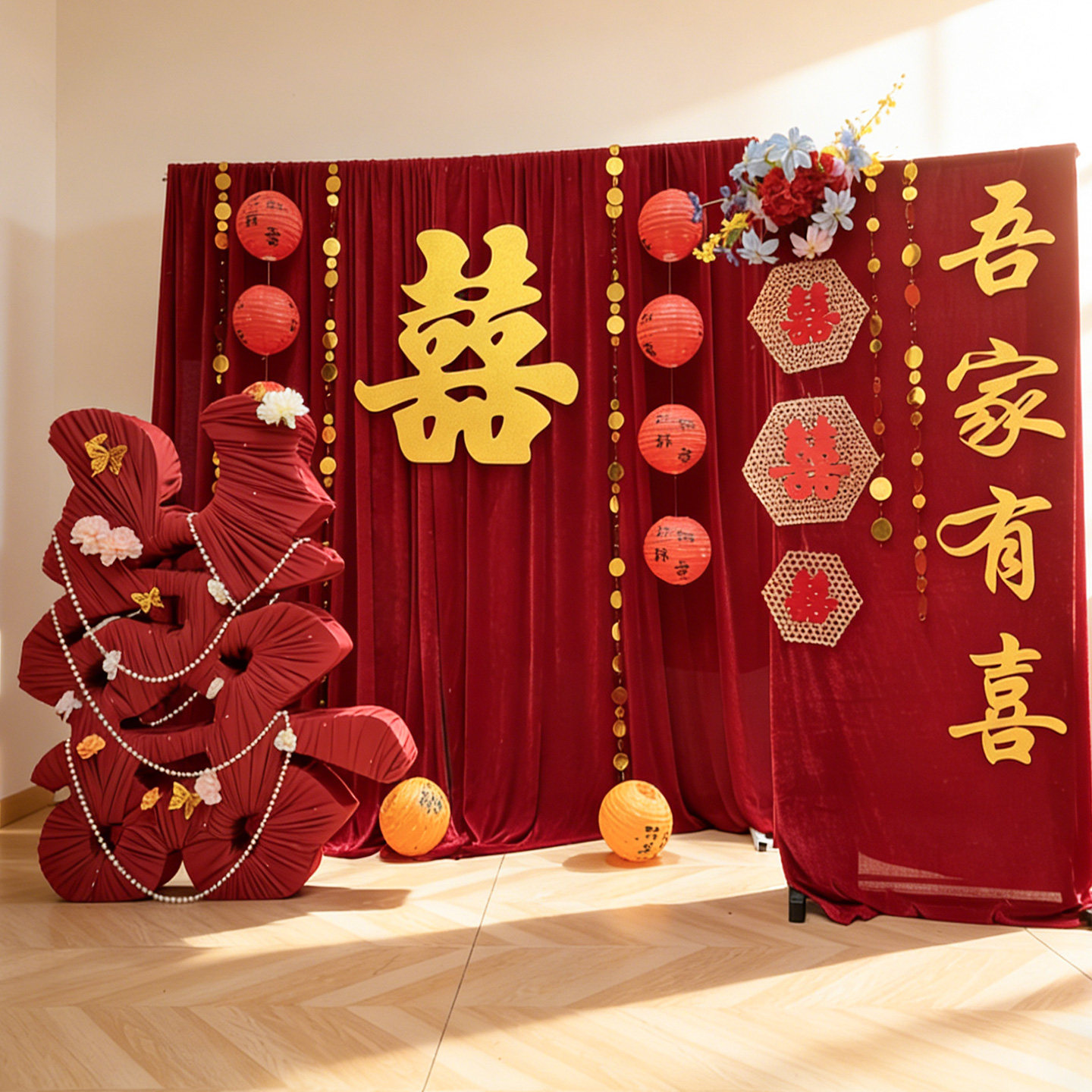 新中式网红庭院布置喜字kt板红丝绒布幔装饰农村订婚宴婚礼背景墙,节庆用品/礼品,装扮布置套餐,淘宝优惠券,粉丝福利购,淘宝优惠卷
