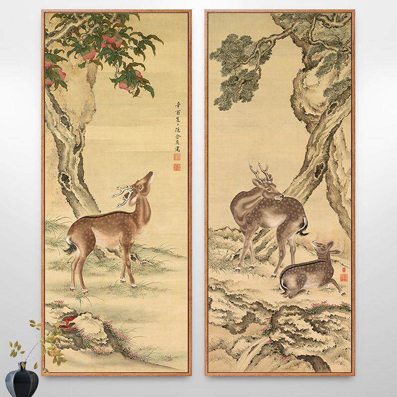 梅花鹿挂画发财鹿玄关画新中式装饰画招财鹿壁画走廊竖版一鹿发财