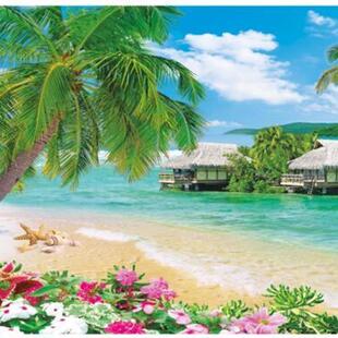 风景画瀑布墙画海滩椰子树风景现代装饰画纸制墙贴画年画海报包邮