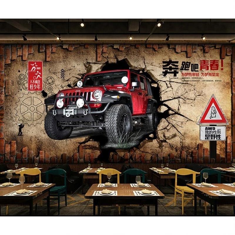 3D破墙汽车洗车店客厅餐厅KTV酒吧壁画酒店卧室背景墙贴纸画壁纸