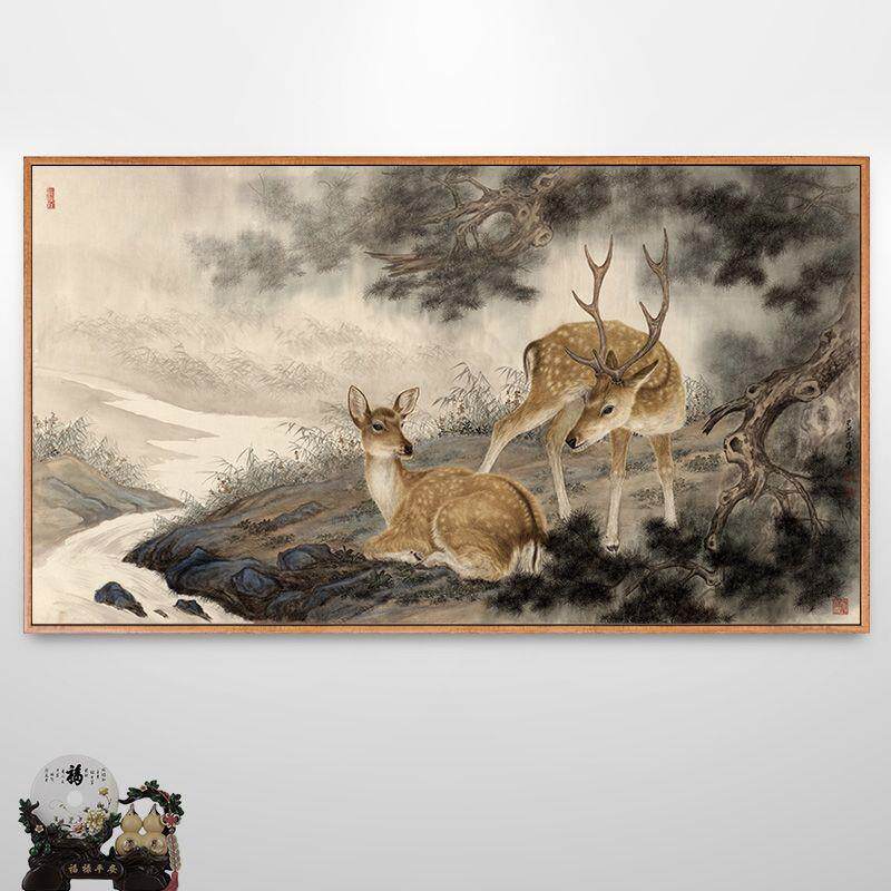 双鹿图梅花鹿挂画招财鹿画新中式客厅装饰画沙发背景墙壁画发财鹿